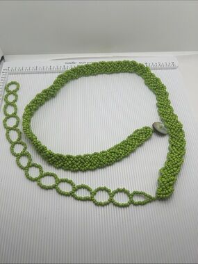 Vintage Handwoven Lime Green Beaded Waist Belt with Shell Button